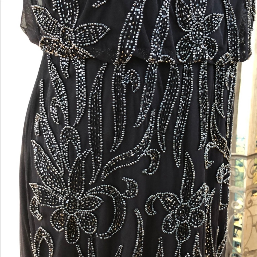 Adrianna Papell Mesh Floral Beaded Sheath Midnight - Picture 3 of 8